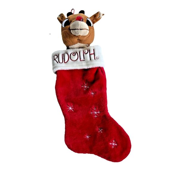 Vtg 90s Rudolph the Red Nose Reindeer Plush Christmas Stocking Red Shiny Nose 3D - Picture 1 of 7
